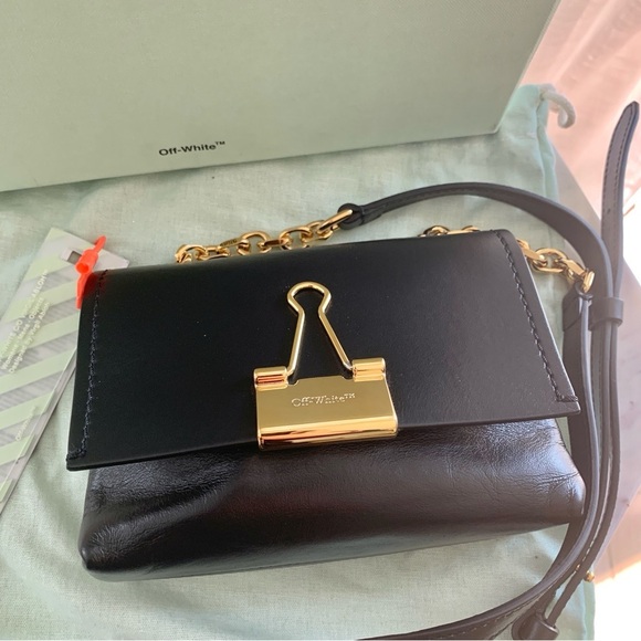 ⭐️ Off-White Black Leather Gold Binder Clip Paper Clip Mini Crossbody Bag - Picture 1 of 16